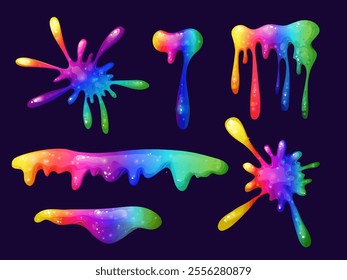 Dripping rainbow slime illustration with vibrant colors. Rainbow splash collection on a transparent background. Great for adding playful, toxic-looking splats and liquid effects to your illustrations.