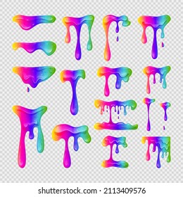 Dripping rainbow slime set on transparent background. Viscous liquid spill. Vector cartoon illustration.