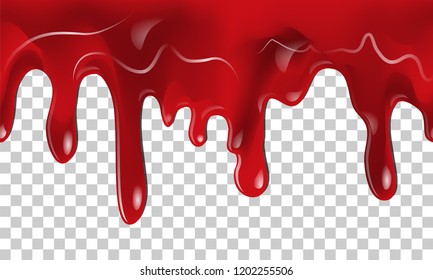Dripping seamless blood. Flow liquid, drip wet. Thick red ketchup or jam flow down Halloween concept: Blood dripping - Seamless Vector on transparent background