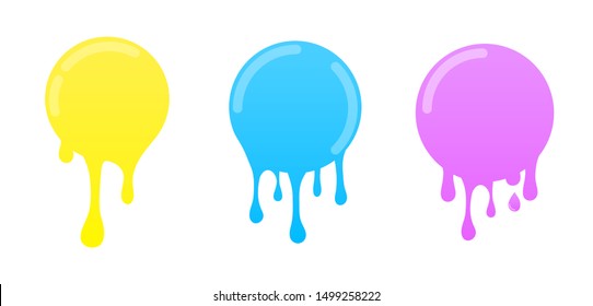 Dripping Slime. Colorful Dirt Splat, Goo Dripping Splodges Of Slime. Vector Illustration With Cute Cartoon Color Paint Splashes, Splatters, Spot, Blots Flat Style