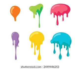 Dripping slime. Colorful dirt splat, goo dripping splodges of slime. Vector Illustration with Cute Cartoon Color Paint Splashes, Splatters, Spot, Blots Flat style