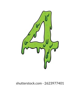 Dígito 4 gotejando lodo. Engraçado número gooey verde desenhado em um estilo de Halloween cômico para obras de arte temáticas assustadoras.