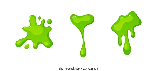 Dripping Slime, Green Goo Spots and Blobs, Halloween Ooze, Mucus Snot. Falling Syrup Drops Dribble Down, Sticky Radioactive Toxic Liquid Isolated On White Background. Cartoon Vector Illustration, Icon