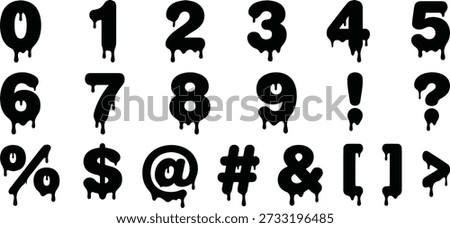 Dripping slime number and punctuation set in a clean horizontal layout. Includes digits 0–9 together with exclamation and question marks, percent sign, dollar sign, at symbol, hashtag, ampersand, square brackets and arrow, all drawn as bold black silhouettes with a gooey drip effect. Perfect for horror and Halloween typography, spooky headlines, gaming logos, slime or toxic waste themes, graffiti art, stickers, apparel prints, social media graphics and advertising where you need an edgy, messy look. Vector format allows easy scaling and color changes.