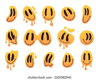 Dripping smile faces. Melting crazy cute emojis. Groovy yellow mascots with smiling facial expression flat vector illustrations set. Happy smiling faces collection