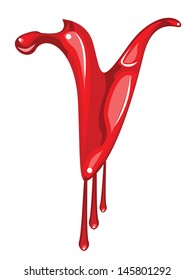 Dripping splashed blood letter V on white background.