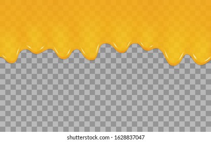 Dripping spreading honey isolated on a transparent background. Vector illustration of bee yellow dripping honey or lemon orange jelly jam. Template texture fluid yellow jam for design.