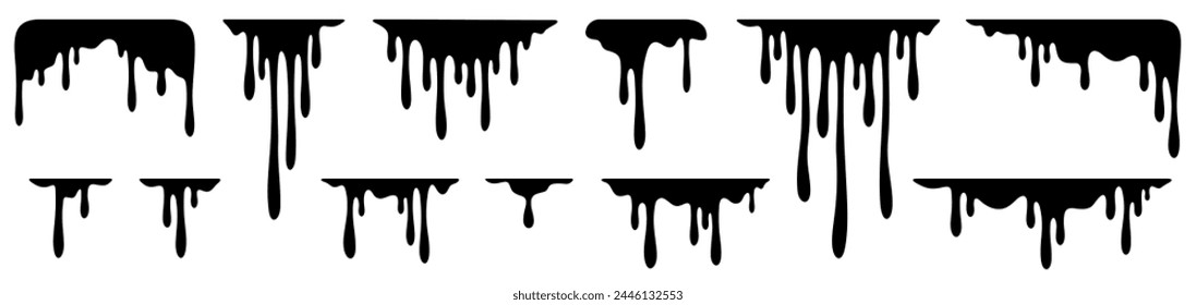 Tropfender Fleck. Silhouetten-Tropföl, schwarz schmelzende Farbflüssigkeit, Tintentropfen. Border geschmolzenes süßes Dessert, Eis, Soße. Splash, Splatter Elemente isoliert. Vektorgrafik eingestellt. Leckende Flüssigkeit, Schmutz gießen