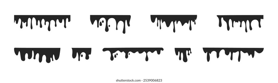 Dripping stain vector set. Abstract flow stencil, current ink streak or fluid smudge. Vector graphic design illustration