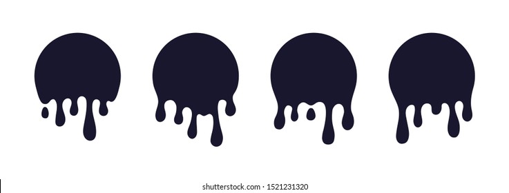 Dripping stickers or circle labels. Round liquid blob drops, hand drawn ink graffiti splash shape, chocolate caramel milk leak.