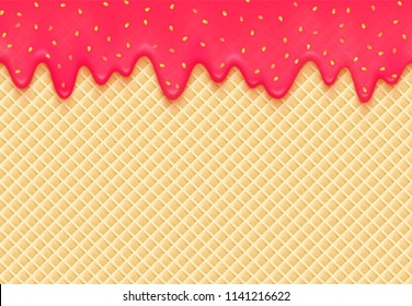 Dripping strawberry jam on waffle. Vector background