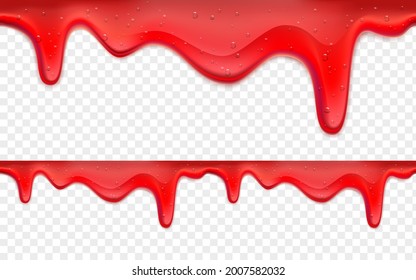 Dripping strawberry jam or slime. Seamless pattern. Isolated on transparent background.