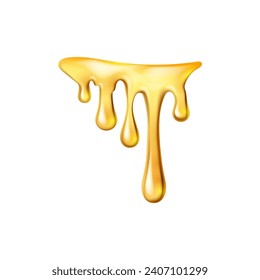 Dripping sweet yellow honey, isolated melting maple syrup. Vector golden organic sticky oil or juice liquid with drops. Flowing droplets of nectar