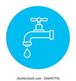 Dripping tap with drop line icon for web, mobile and infographics. Vector white icon on the light blue circle isolated on white background.