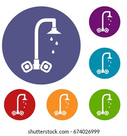 Dripping tap icons set in flat circle reb, blue and green color for web