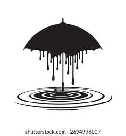 Dripping Umbrella and Water Ripple Vector Silhouette Illustration