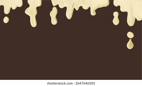 Dripping vanilla cream texture with soft highlights on chocolate brown background. Dessert topping illustration for food theme