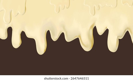 Dripping vanilla cream texture with soft highlights on chocolate brown background. Dessert topping illustration for food theme