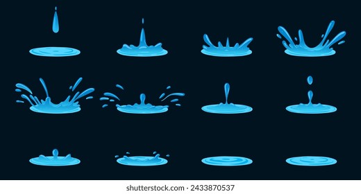 Animación de goteo de agua. Dibujos animados salpicaduras de agua líquida, limpio aqua splatter animación marcos de vector plano conjunto de ilustración. Hoja de sprite de salpicadura de agua