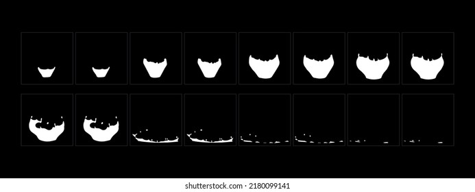 Dripping water animation effect. Water explosion fx frames sprite sheet for in games, video and cartoon. Clear water drop burst vector illustration.