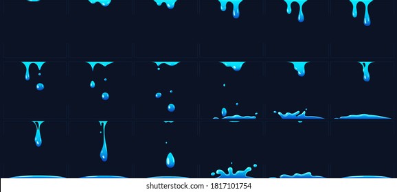 Dripping water animation, water splashes for game development. Dropping liquid in frames for cartoon. Blue fluid droplets, falling clear aqua elements forming puddles collection vector illustration