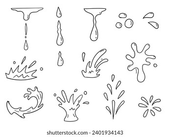 Dripping water drops, splashes, and tears. Liquid flow, Nature water motion shapes vector set