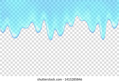 Dripping water isolated on transparent background. Blue paint. Slime. Drip realistic vector background. 