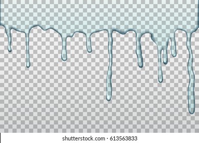 Dripping water on transparent background. Realistic rain drops. Vector illustration.