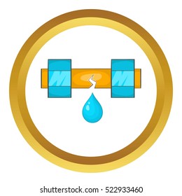 Dripping water pipe vector icon in golden circle, cartoon style isolated on white background