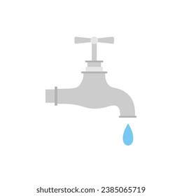 Dripping water tap flat design vector illustration. Vector dark grey icon isolated on white background. Save water earth resources ecological concept for environmental.