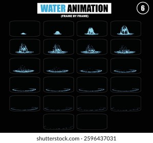 Dripping, waterfall, wave water animation. Cartoon liquid water splashes, clean aqua splatter animation frames flat vector illustration set. Water splash sprite sheet