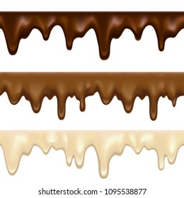 Dripping white chocolate melt. Candy brown and white milk splatters vector illustration, chocolates drops patterns on white