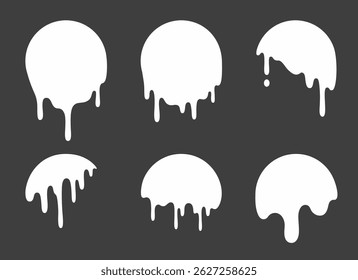 Goteo de círculos blancos aislados sobre fondo negro. Ilustración realista de Vector de Formas redondas abstractas, manchas de pintura líquida, gotas de fluido derretido, diseño de graffiti grunge, textura de flujo lácteo