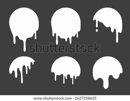 Dripping white circles set isolated on black background. Vector realistic illustration of abstract round shapes, liquid paint stains, melting fluid drops, grungy graffiti design, milk flow texture