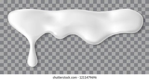 Dripping white cream or yoghurt icing drops. Vector paint stain or yogurt splash illustration for background design. Realistic milk horizontal border. Mayonnaise repeatable blobs