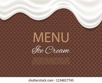 Dripping white ice cream flowing over waffle texture background. Cafe menu, food packaging design.