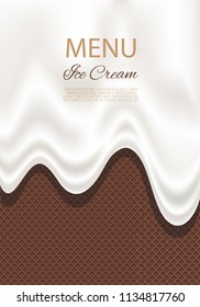 Dripping white ice cream flowing over waffle texture background. Cafe menu, food packaging design.