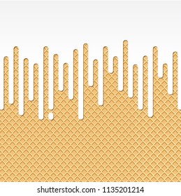 Dripping white ice cream flowing over waffle texture background.