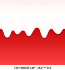 Dripping white milk, cream, paint yogurt on red back. Vector illustration.