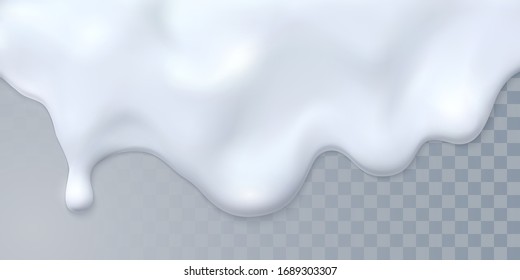 Dripping white milk isolated on transparent background. Vector 3d illustration. Liquid creamy wave. Dairy product decoration. Food concept