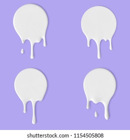 Dripping white paint round icons, Yogurt or Milk flowing down. Vector Logo design elements.