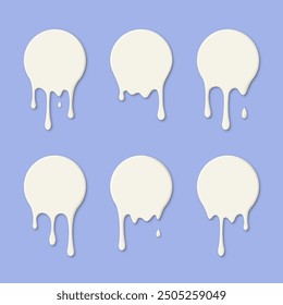 Dripping white viscous liquid around round icons, design element, milk or yogurt flowing down. Vector illustration.