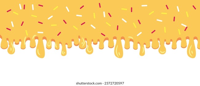Dripping yellow cream with sprinkles on white background