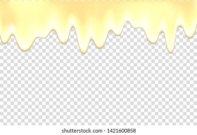 Dripping yogurt, liquid, ice cream. Flowing honey or yellow fruit jam on white milk cream. Vector drip background. 