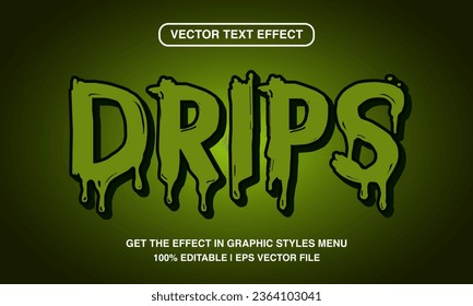 Drips editable text effect template, 3d cartoon green glossy slime text style, premium vector	