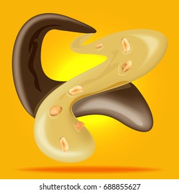 Drips of liquid chocolate, caramel or cocoa peanuts. On an orange background. Vector 3d illustration.