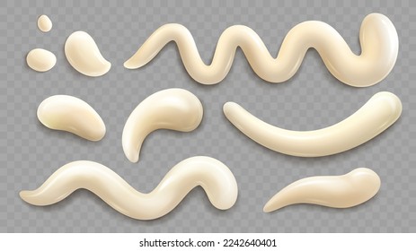 Drips of mayonnaise, cheese sauce or vanilla cream isolated on transparent background. Stains, drops and blobs of mayo sauce, yoghurt or cosmetic mousse, vector realistic set