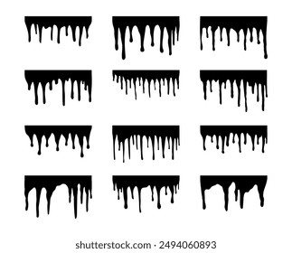Goteos de pintura derretida. Conjunto de gotas y flujo de acuarela, pintura al óleo, spray en negro.  Tinta líquida. Textura grunge. Corriente de salpicaduras sobre un fondo blanco. Aislado. Elementos para el diseño.