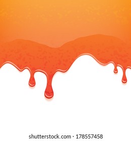 Drips of orange jam on white background. Flowing liquid.