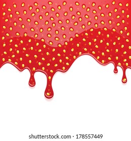 Drips of strawberry jam on white background. Flowing liquid.